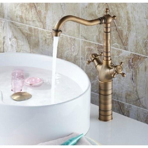 Antique Brass Dual Cross Handles Swivel Kitchen Bathroom Sink Basin Faucet Mixer Taps asf081