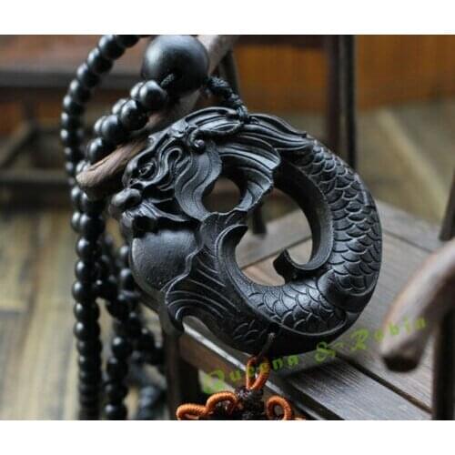 Black Wood Carving Chinese Fengshui Dragon Sculpture Prayer Beads Car Pendant