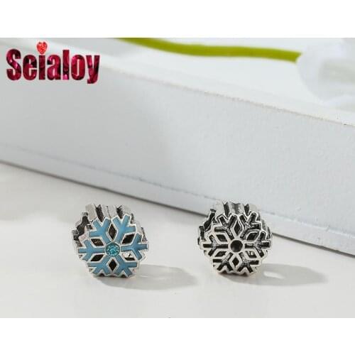 Seialoy Ice Blue Enamel Snowflake Beads Silver Color Bead Fit Diy Bracelets Necklace Jewelry Making Christmas Theme Accessories