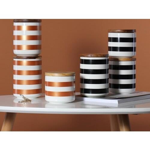 European Ceramic Striped Airtight Jar Simple Geometric Black with Lid Home Storage Coffee Snack Tea Jar Large Kitchen Supplies