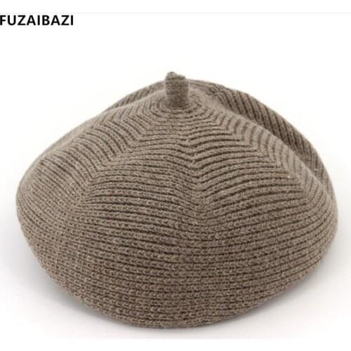 FUZAIBAZI New Female Spring Autumn Berets Wool Knitting Painter Fashion Grace Miss Brand Beanie Hat Casquette 2021