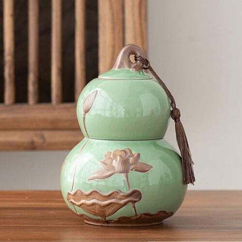 Gourd-Shaped Ceramic Tea Can Double Layer Porcelain Tea Caddy For Kitchen Storage Tanks Embossed Lotus Candy Box Coffee Jars