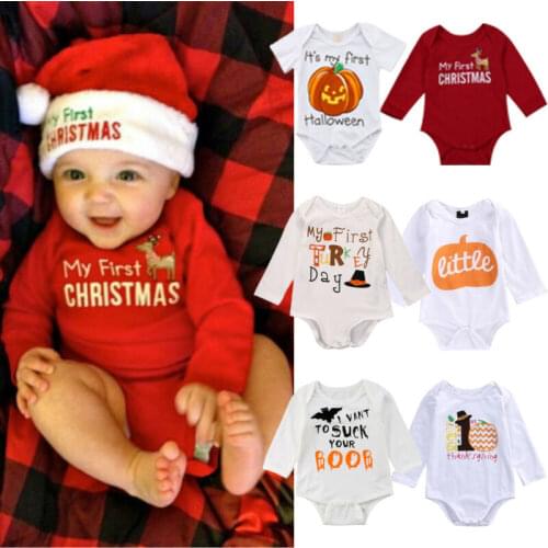 Halloween Christmas Baby Boy Girl Bodysuit Letter Pumpkin Print Solid Jumpsuit Clothes Outfits