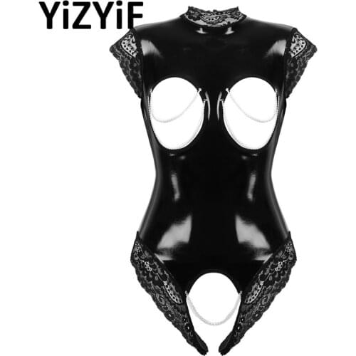 Women One-piece Bodysuit Sexy Wet Look Patent Leather Lingerie Sleeveless Clubwear Open Breast Crotchless Lace Leotard Nightwear