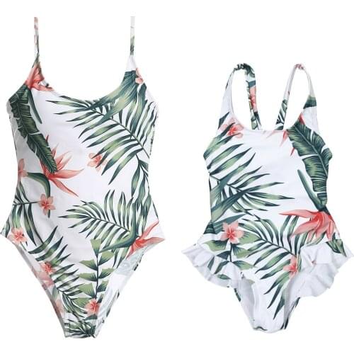 Mother Daughter Matching Swimsuit Floral Monokini Bikini Lace-Up Family Swimwear Beachwear Summer Bathing Suits