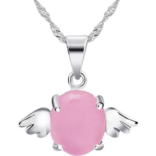 Cute 925 Sterling Silver Necklace Girl Jewelry Sweet Pink Crystal Wing Pendant Necklace Women Valentines Day Accessories KOFSAC