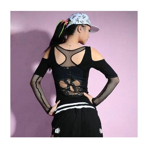 New Fashion Women hip hop top dance Tops Cutout Skull Female Jazz ds costume performance wear stage clothing Sexy t-shirts