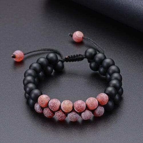 Yingwu Natural Stone Black Matte Double Row Beaded Bracelet Weathered Agates Double Layer Handmade Woven Adjustable Bracelet