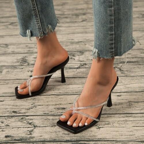 2021 new summer ladies sandals square head heel mule transparent pvc rhinestone chain high heel shoes female slippers fashion