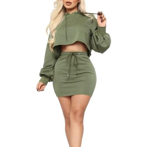 Womens 2pcs Solid Color Suit Long Sleeve Pull-down Short Hoodie + Drawstring High Waist Hip Skirt Sets Ladies Sexy Suit