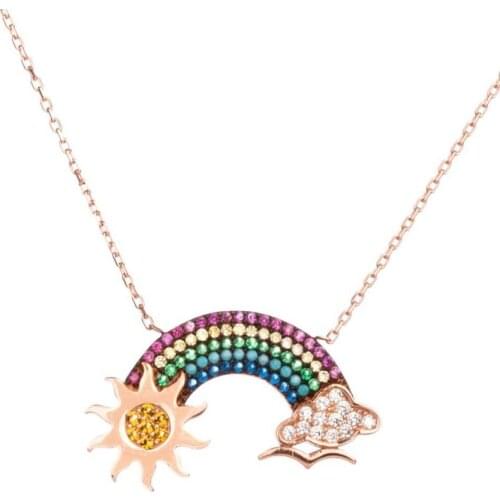 925 Sterling Silver Rainbow Necklace with Sun and Cloud Womens Necklace Pendant Silver Chain Necklace Colourful Necklace