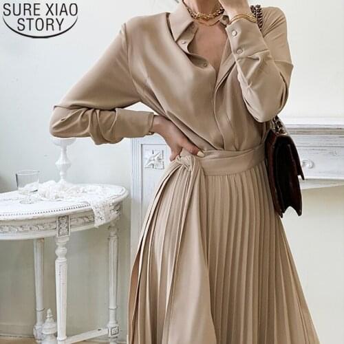 Winter Thick Dress Women Vintage Pleated Long Dresses New 2021 Fashion French Style V Neck Khaki Dresses 2021 Robe Femme 12794