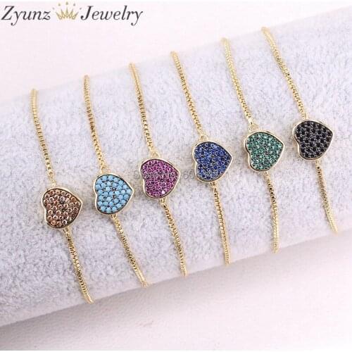 10PCS ZYZ330-3385 Gold Color Plated Micro Pave Setting Cubic Zirconia Heart Bracelets for Women Shinning CZ Zircon Jewelry