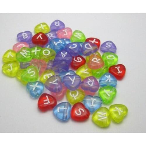 100 Assorted Transparent Acrylic Alphabet Letter Heart Beads 10X11mm