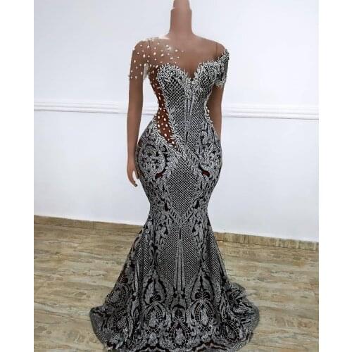 2021 Arabic Black Mermaid Prom Dresses Sheer Jewel Neck Beaded Appliqued Evening Dress Formal Party Second Reception Gowns