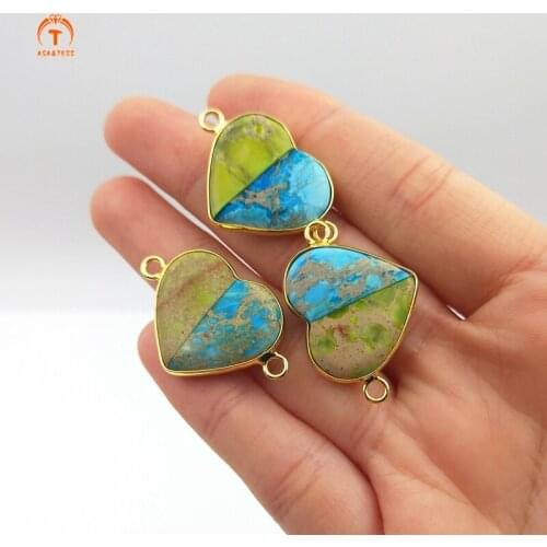 5pcs Natural Emperor Stone Little Heart Shaped Pendants Diplopore Connector Charm Woman Jewelry Making Necklace Bracelet DIY