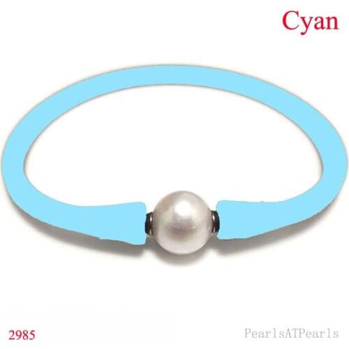 6.5 inches 10-11mm One AA Natural Round Pearl Cyan Elastic Rubber Silicone Bracelet For Men