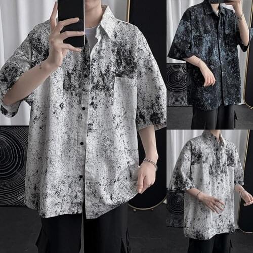 60%HOTFashion Color Rendering Short Sleeve Turn-down Collar Men Loose Casual Top Shirt