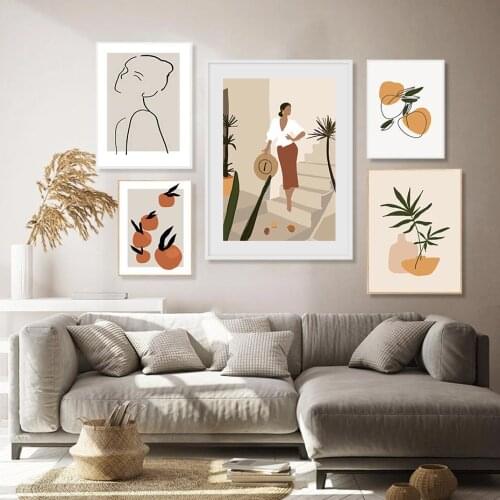 Abstract Women Girls Figure Wall Art Posters Abstract Girl Line Drawing Orange Leaf Canvas Painting Modern Pictures Home Decor