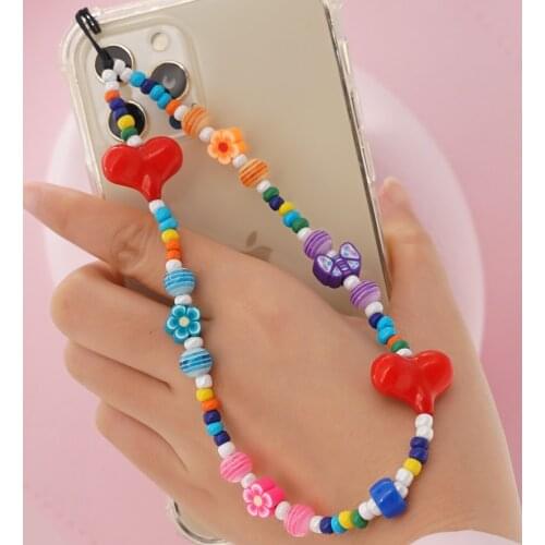 Go2Boho Mobile Lanyard Pearl Beaded Chains For Phone Case White Beads Strap Heart Charm Chain Telephone Jewelry Anti-lost