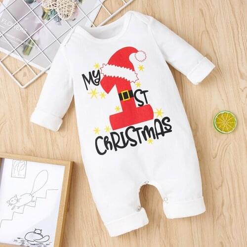 PatPat Christmas Hat and Letter Print Solid Long-sleeve Baby Jumpsuit