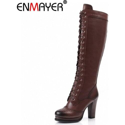 ENMAYER High Quality Sexy Winter Boots Designer Women Thigh New Lace Up Knee Corium Boot Heel Retro Knight