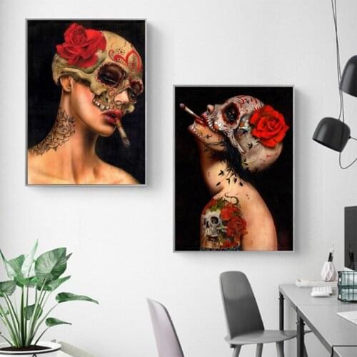 Modern Sexy Smoking Girl with Skull Flower Canvas Painting Home Decoration Wall Art Pictures for Living Room Nude Cuadros