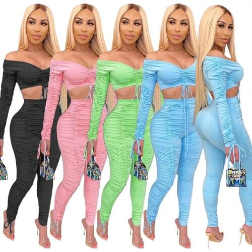 Sexy Two Piece Sets Women Solid Off Shoulder Lace Up Bandage Crop Tops Ruched Stacked Pants Suit Leggings Outfit Sport Tracking