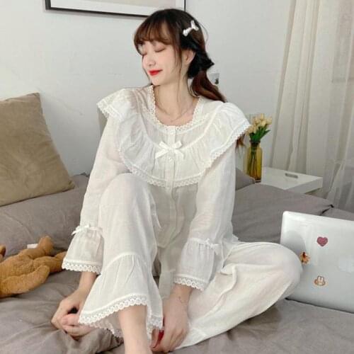 Long Sleeve Lace Pajamas Two Piece Sets Spring Autumn Loose Solid Pajamas Set Women Sleepwear