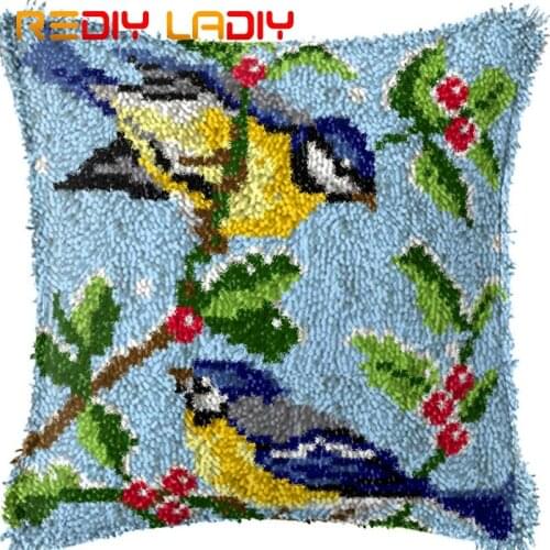 Latch Hook Cushion Two Birds Tree Pillow Case Printed Color Canvas Acrylic Yarn Latched Hook Pillow Crochet Cushion Cover Kits
