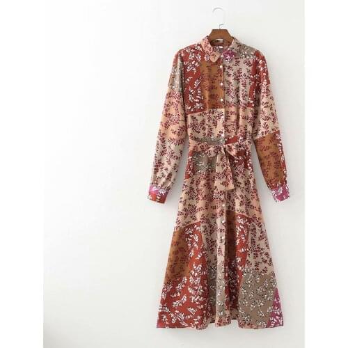 New Women Vintage Printed Shirt Dress with Sashes Vogue Long Sleeves Single-breasted Chic Lady Midi Dresses Woman Robe