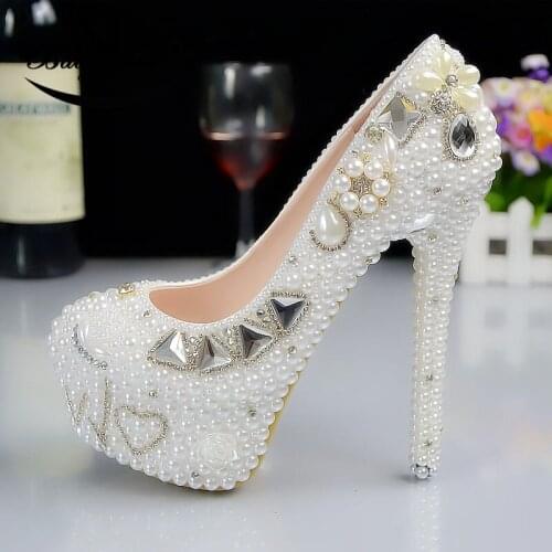 2019 New arrival Womens wedding shoes white pearl Bridal party dress shoes Hand drilling Woman High heels platform shoe