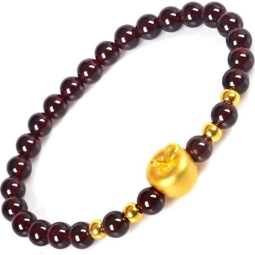 New Pure 999 24K Yellow Gold Red Garnet Women 3D Apple Bead Bracelet
