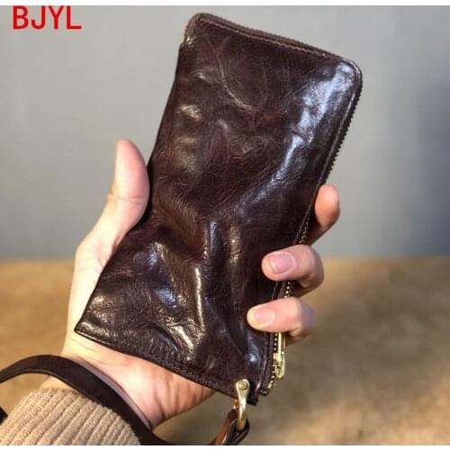 New Soft Leather Thin Mens Wallet Vintage Leather Card Holder Long Wallets Casual Wrinkled Tide Purse Youth Male Clutch Bag Men