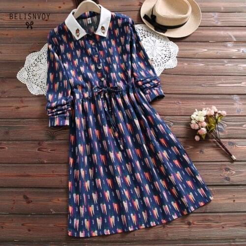 Preppy Style Autumn Women Dress Turn-Down Collar Carrot Embroidery Lace Up Vestidos De Festa Long Sleeve Elegant Cute Dress