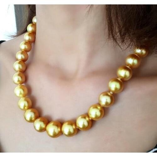 Huge 14mm Genuine Golden South Sea Shell Pearl Round Beads Necklace 18'' 36" AAA