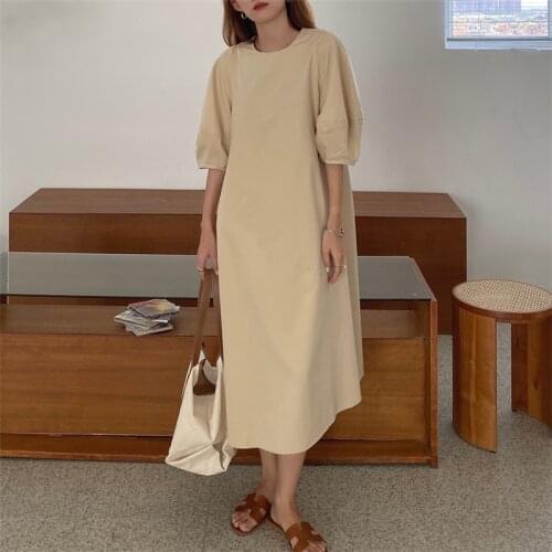 Alien Kitty 2021 New Vintage O-Neck Office Lady Solid Streetwear Puff Sleeve Loose Retro Summer Sweet Long Dresses Vestidos