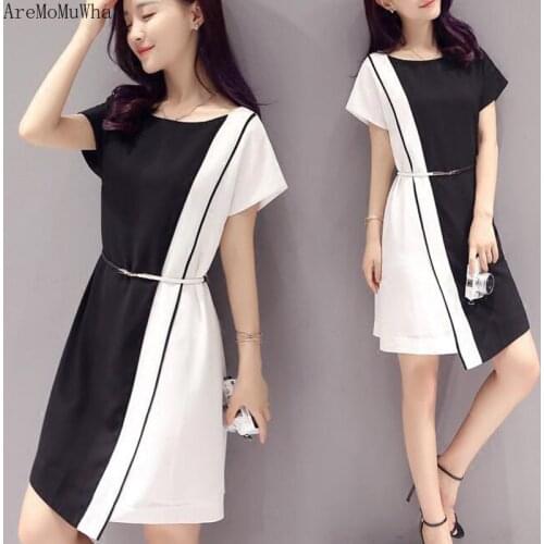 AreMoMuWha 2019 Summer New European Version of The Slim Slimming Chiffon Contrast Stitching Short-sleeved Long Shirt Dress MH272