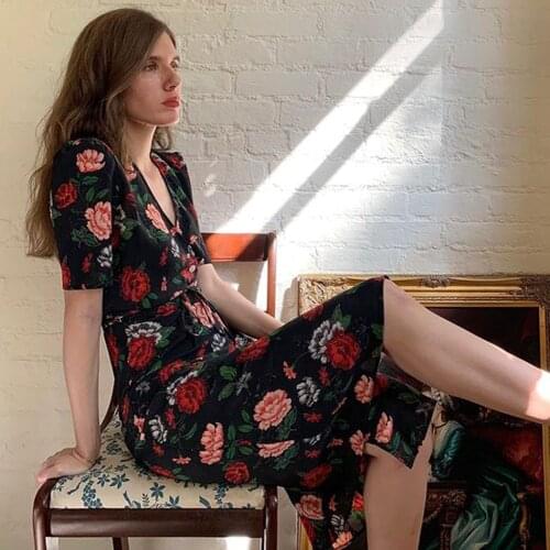 Floral Print Midi Dress Women Short Sleeve V Neck Buttons Chic Dresses Retro Vintage Casual Dress 2021 Spring Autumn Dress