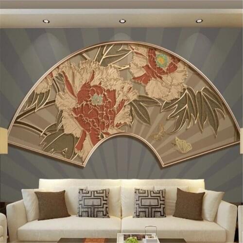 Milofi custom wallpaper photo background wall new Chinese fan-shaped rich and honorable peony golden embossed line background wa