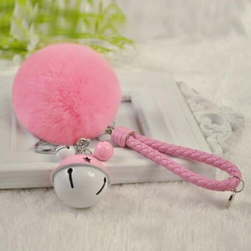 Fluffy Rabbit Fur Pom Pom Key Chain Bunny Fur Keychain Llavero Pompon Keyring Metal Bell Leather Wrist Rope Bag Charm Pendant