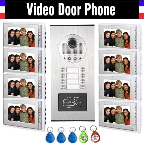 8 Units Apartment Intercom System Video Intercom Video Door Phone Kit HD Camera 7 Inch Monitor with RFID keyfobs for 8 Household