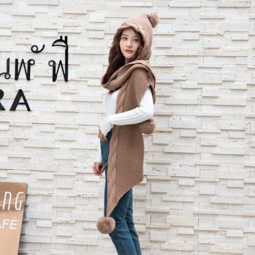 Knitted Hood Wool Ball Warm Scarf. Pure Color Plush Adult Hat Scarf. Warm Shawl. HAT + Scarf .Scarf Women Winter