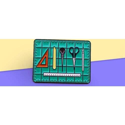 Green square ruler Enamel Pins scissors Trigonometric ruler burin Brooches Badge Bijoux