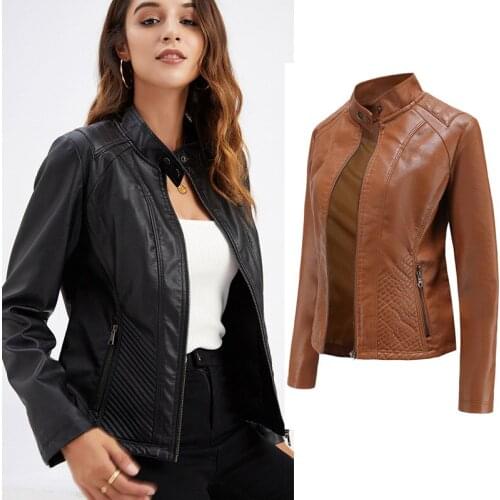 Fashion New 2021 Short PU Leather Jacket Women Spring Autumn Womens Coat Long Sleeve Slim Casual Jacket Stand Collar