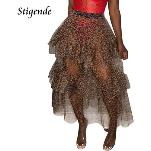 Stigende Women Summer Sexy Transparent Leopard Print Skirt See Through Mesh Long Ruffle Skirt Thin High Waist Maxi Party Skirt