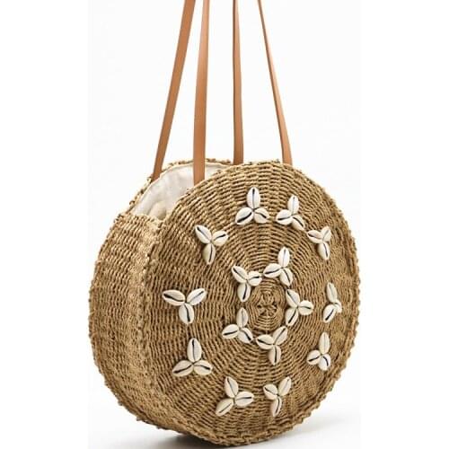 Shell Strew Woven Bag Women Shoulder Bag Round Holiday Beach Bag Female