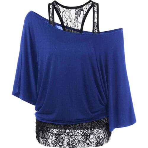 Women T Shirts Summer Loose Vest Ladies Sexy Lace Stitching Inclined Shoulder Bat Sleeve T-shirt Tops Plus Size 5XL 5 Color
