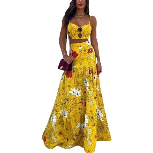 Women Skirts Set Sleeveless Short V-Neck Camisole Elastic Waist A-Line Bohemian Printing Long Skirts Set Womens Fashion