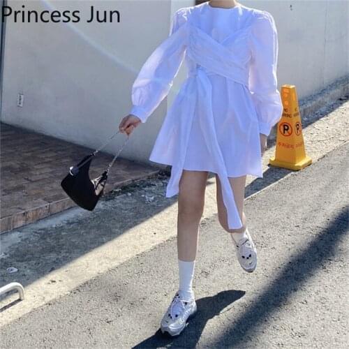 Female 2021 Spring New Black White Mini Shirt Dress Cross Front Strap Slim Dress Fashion Puff Sleeve A Line Fairy Dress Vestidos